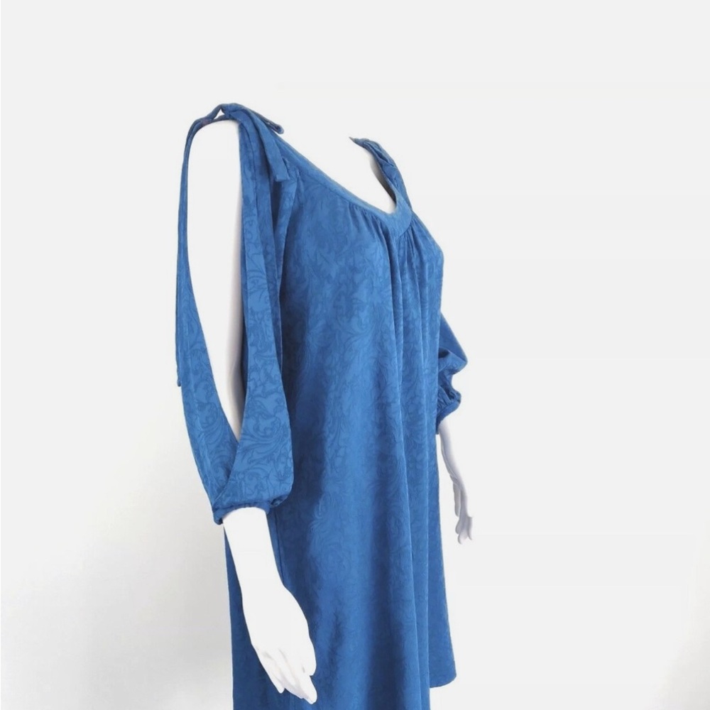 Anthropologie Sapphire Blue on Blue Floral Cold Shoulder Swing Dress Size L - Picture 3 of 9